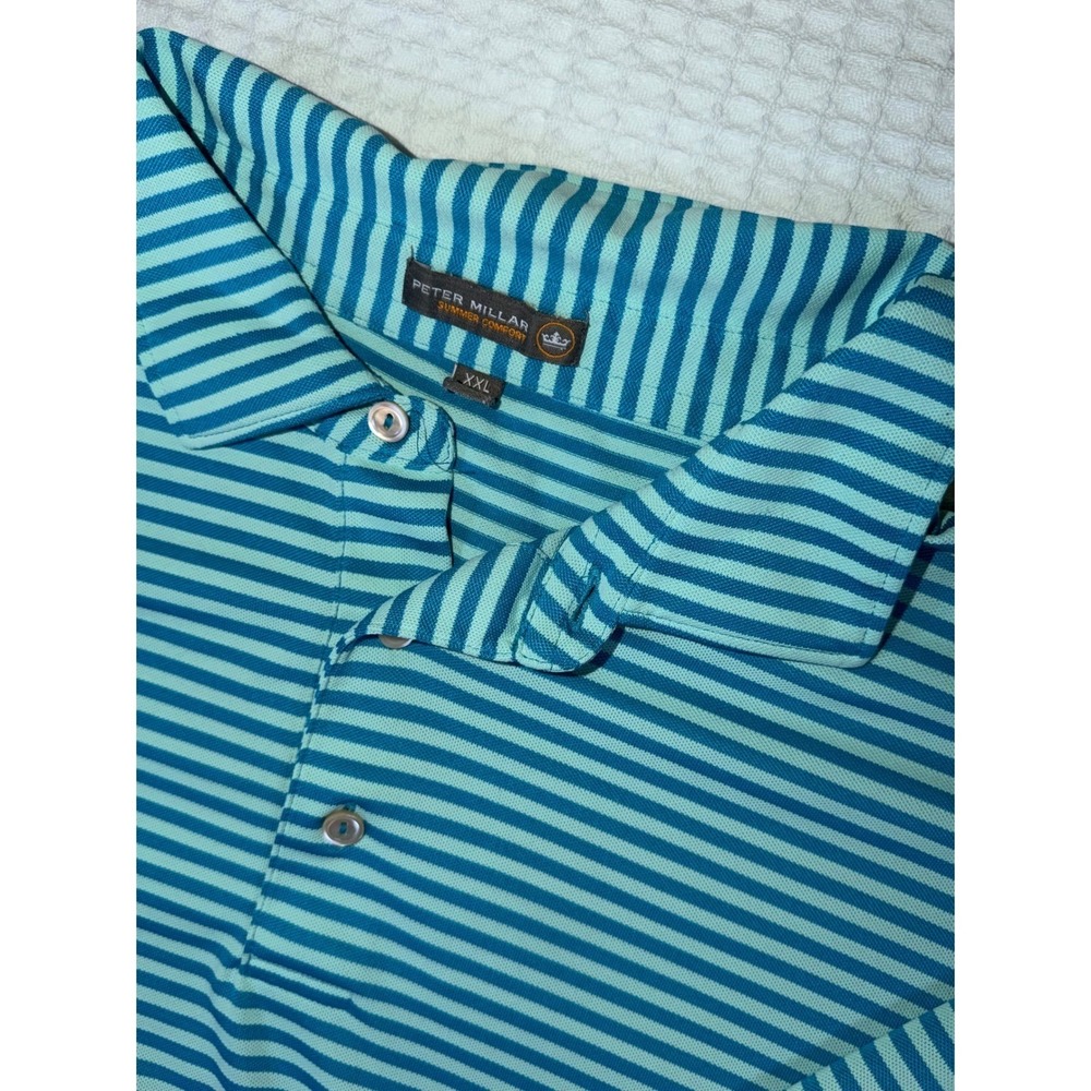 Peter Millar Polo Shirt Mens XXL Teal Blue Striped Summer Comfort Golf Stretch